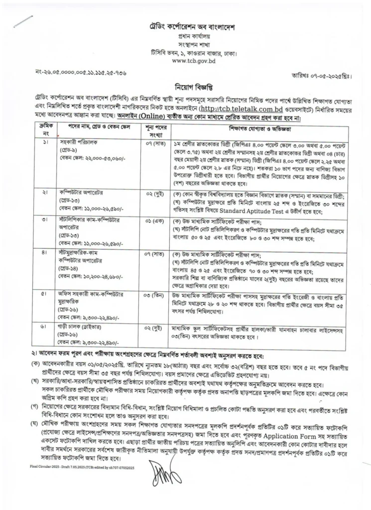টিসিবি নিয়োগ বিজ্ঞপ্তি ২০২৫