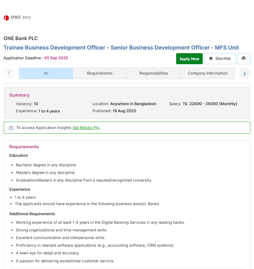 One Bank Limited Job Circular